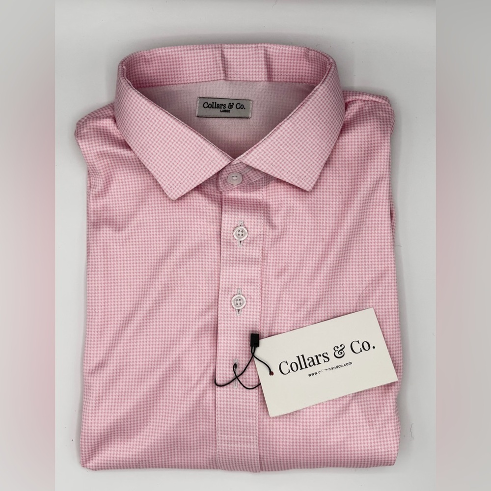 Collars & Co NWT Semi-Spread Collar Polo In Pink Houndstooth Print.  Size Large - Picture 10 of 16